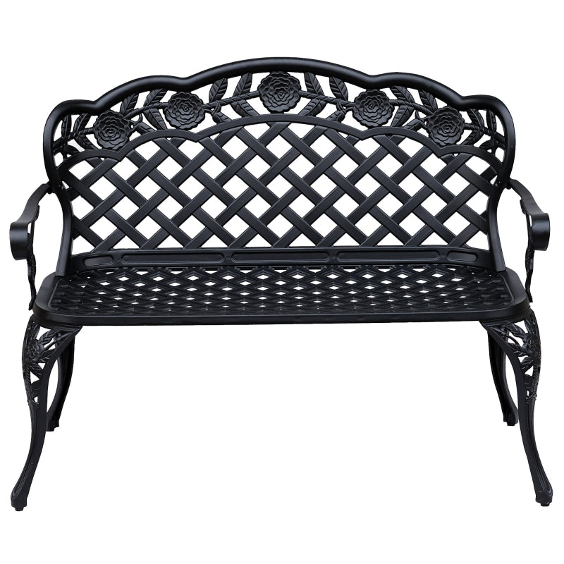 Outsunny Cast Aluminium Garden Bench Outdoor Patio 2 Seater High Back Chair Armrest Antique Style Black