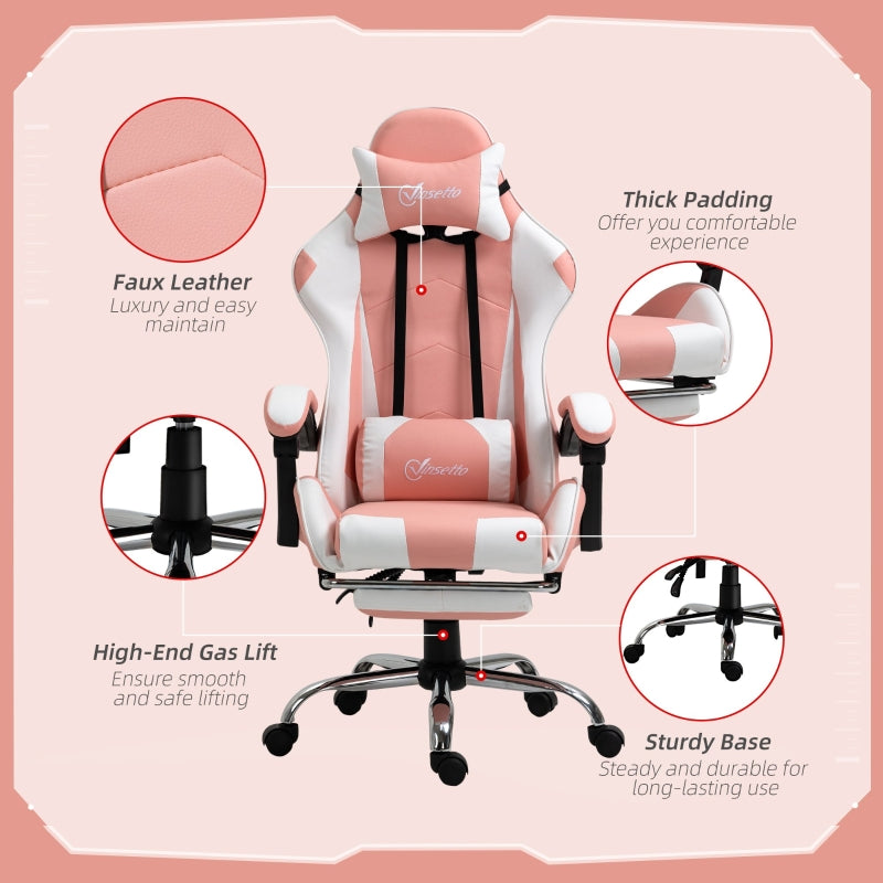 Vinsetto Racing Gaming Chair with Lumbar Support, Head Pillow, Swivel Wheels, High Back Recliner Gamer Desk Chair for Home Office, Pink