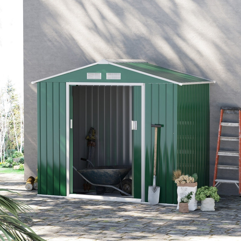 Outsunny 7ft x 4ft Lockable Garden Shed Large Patio Roofed Tool Metal Storage Building Foundation Sheds Box Outdoor Furniture, Green