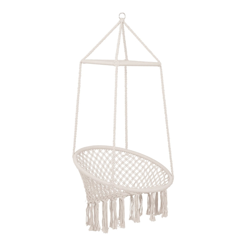 Outsunny Hammock Macrame Swing Chair Hanging Seat Rope Tassels Indoor Outdoor Garden Solid Knitted Woven Net Seat Deck Porch Yard Beige