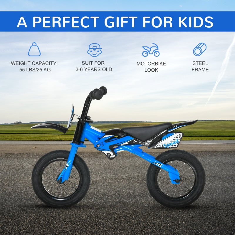 HOMCOM 12" Kids Balance Bike, No Pedal Training Bicycle, Motorbike Look, Steel Frame with Air Filled Tires, Handlebar, PU Seat for 3-6 Years Old, Blue