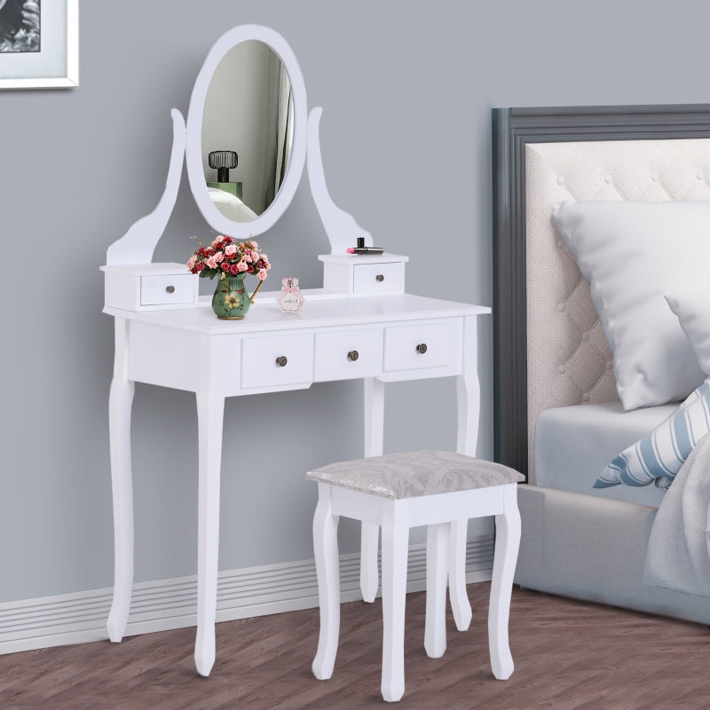 HOMCOM 5-Drawers Dressing Table Set W/ Mirror & Stool-White