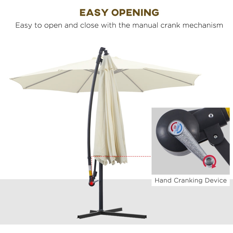 Outsunny 3(m) Garden Cantilever Parasol Patio Banana Hanging Umbrella Sun Shade with Crank & Tilt, 8 Ribs and Cross Base, Cream White