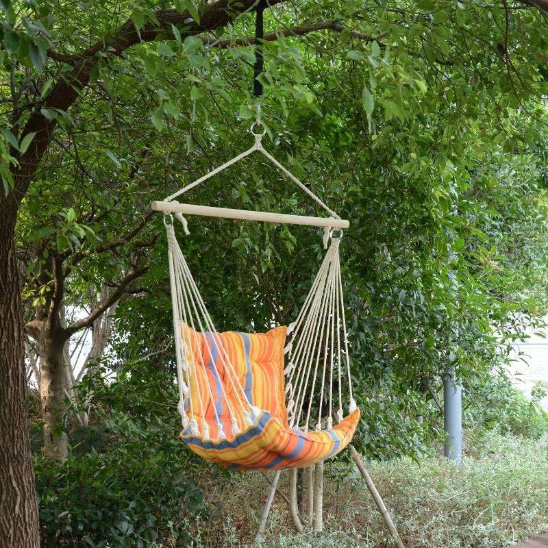 Outsunny Hanging Hammock Chair Cotton Rope Cushioned Chair Garden Yard Patio Swing Seat Wooden Cotton Cloth, Orange