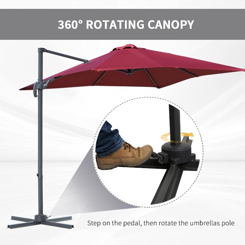 Outsunny 2.5 x 2.5m Cantilever Paraso Patio Offset l Umbrella Hanging Sun Shade Canopy Shelter 360° Rotation with Cross Base - Red