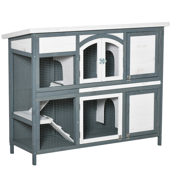 PawHut Two-Tier Wooden Rabbit Hutch Guinea Pig Cage w/ Openable Roof, Slide-Out Tray, Ramp - Grey