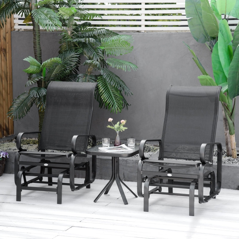 Outsunny 3 PCs Outdoor Gliding Rocking Chair With Tea Table Patio Garden Comfortable Swing Chair Black