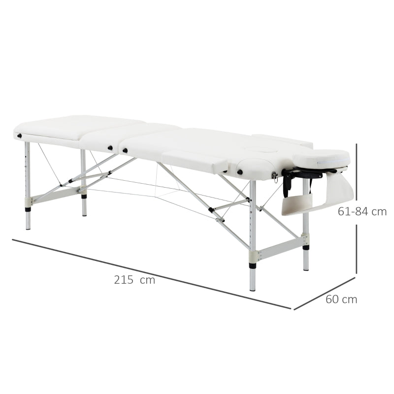 HOMCOM Folding PVC Leather Massage Table Aluminium Frame w/ Headrest Armrests Padding Handle Carry Bag Adjustable Height 3-Way Tri-Fold White