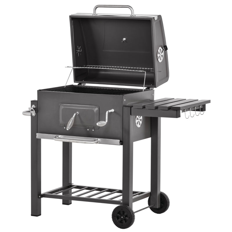 Outsunny Charcoal Grill BBQ Trolley Backyard Garden Smoker Barbecue w/ Shelf Side Table Wheels Built-in Thermometer