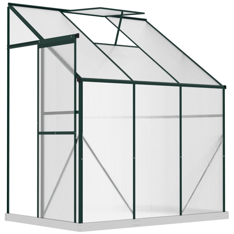 Outsunny Walk-In Lean to Greenhouse Garden Heavy Duty Aluminium Polycarbonate with Roof Vent for Plants Herbs Vegetables, Green, 192 x 127 x 220 cm