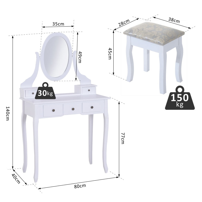 HOMCOM 5-Drawers Dressing Table Set W/ Mirror & Stool-White