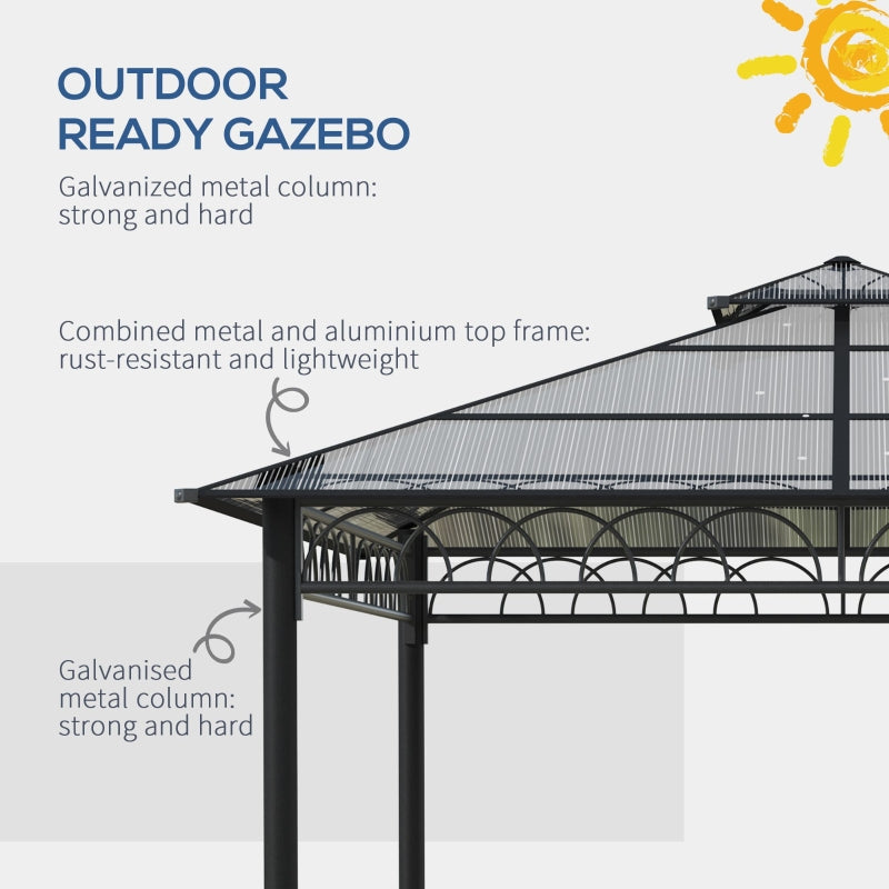 Outsunny 3 x 3 (m) Outdoor Polycarbonate Gazebo, Double Roof Hard Top Gazebo with Galvanized Steel Frame, Nettings & Curtains