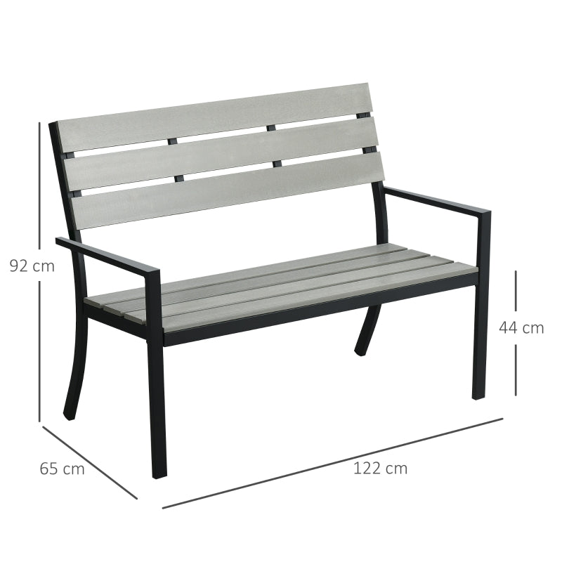 Outsunny 2 Seater Garden Bench, Slatted Outdoor Bench with Steel Frame, Garden Loveseat, 122 x 65 x 92 cm, Grey