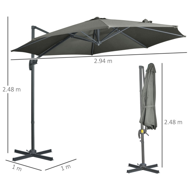 Outsunny 3 x 3(m) Cantilever Parasol with Cross Base, Garden Umbrella with 360° Rotation, Crank Handle and Tilt for Outdoor, Patio, Grey