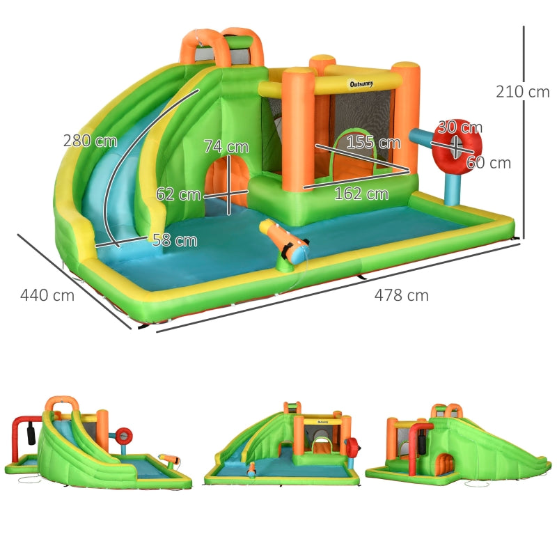 Outsunny 7 in 1 Kids Bouncy Castle Water Slide Bounce House Includes Slide, Trampoline, Pool, Water Gun, Ball-target, Boxing Post Tunnel w/Air Blower