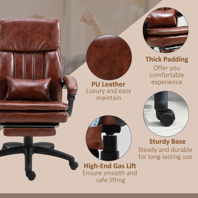 Vinsetto High Back Office Chair, Gaming Recliner Chair with Footrest, 7 Massage Points, Adjustable Height, Reclining Back, PU Leather, Brown