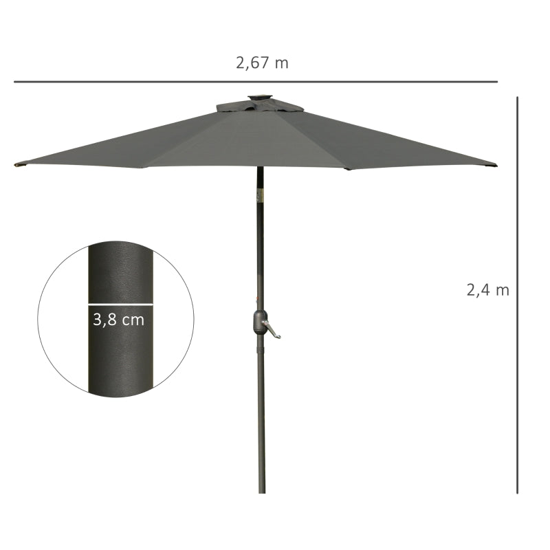 Outsunny 2.7m Garden Parasol, Patio LED Umbrella with Push Button Tilt/Crank 8 Rib Sun Shade for Outdoor Table Market Umbrella Grey