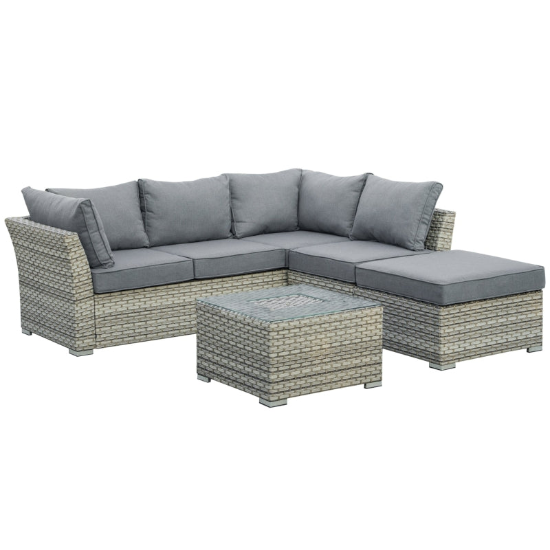 Outsunny 5-Seater PE Rattan Sofa Set Patio Corner Sofa Wicker Sectional Conversation Aluminum Frame Furniture Set w/ Padded Cushion, Light Grey