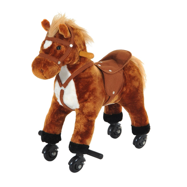 HOMCOM Rocking Horse Plush Kids Ride on Gift Wooden Action Pony Wheeled Walking Riding Little Baby Toy W/Sound-Brown