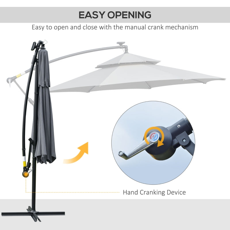 Outsunny 3(m) Cantilever Banana Parasol Hanging Umbrella with Double Roof, LED Solar lights, Crank, 8 Sturdy Ribs and Cross Base for Outdoor, Garden