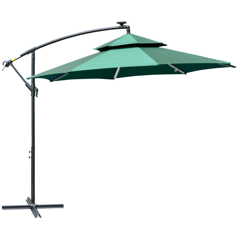 Outsunny 3(m) Cantilever Parasol Banana Hanging Umbrella with Double Roof, LED Solar lights, Crank, 8 Sturdy Ribs and Cross Base Green