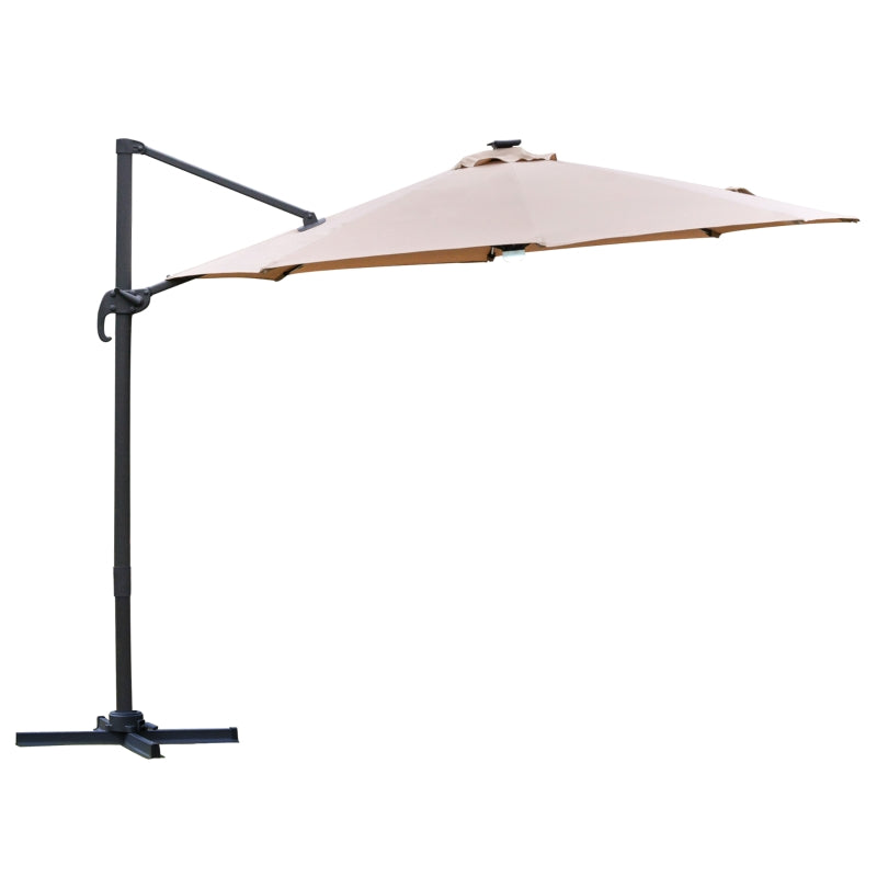 Outsunny 3(m) Cantilever Roma Parasol Garden Sun Umbrella with LED Solar Light Cross Base 360° Rotating, Brown