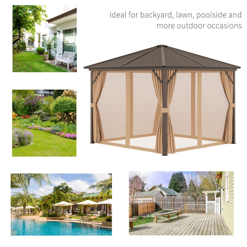 Outsunny 3 x 3 Meters Patio Aluminium Gazebo Hardtop Metal Roof Canopy Party Tent Garden Outdoor Shelter with Mesh Curtains & Side Walls - Brown