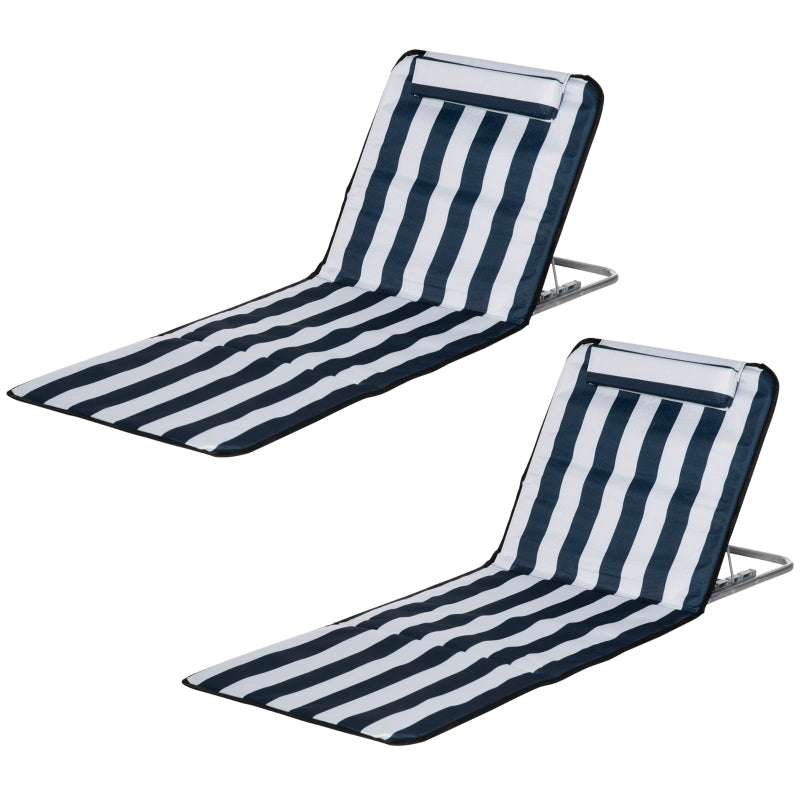 Outsunny Set of 2 Foldable Garden Beach Chair Mat Lightweight Outdoor Sun Lounger Seats Adjustable Back Metal Frame PE Fabric Head Pillow, Blue