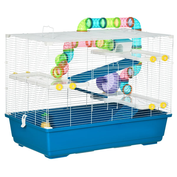 PawHut Large Hamster Cage, Multi-storey Gerbil Haven, Small Rodent House, Tunnel Tube System, with Water Bottle, Exercise Wheel, Food Dish,Ramps Blue