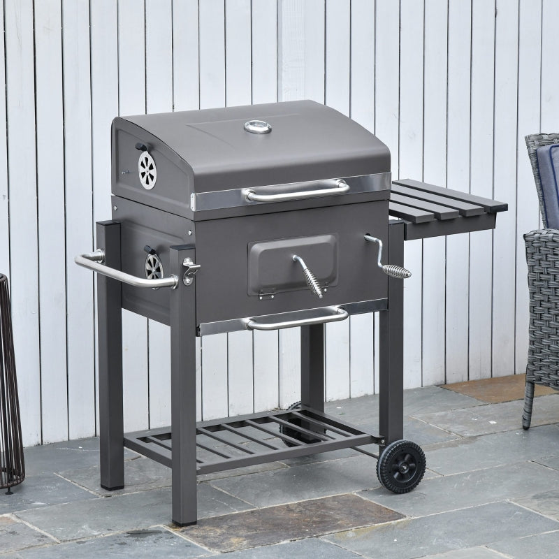 Outsunny Charcoal Grill BBQ Trolley Backyard Garden Smoker Barbecue w/ Shelf Side Table Wheels Built-in Thermometer