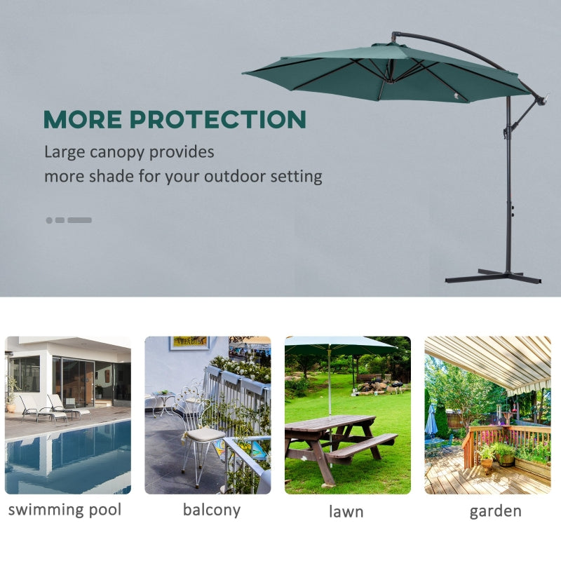 Outsunny 3(m) Banana Parasol Hanging Cantilever Umbrella with Crank Handle, 8 Ribs and Cross Base for Outdoor, Sun Shade, Dark Green