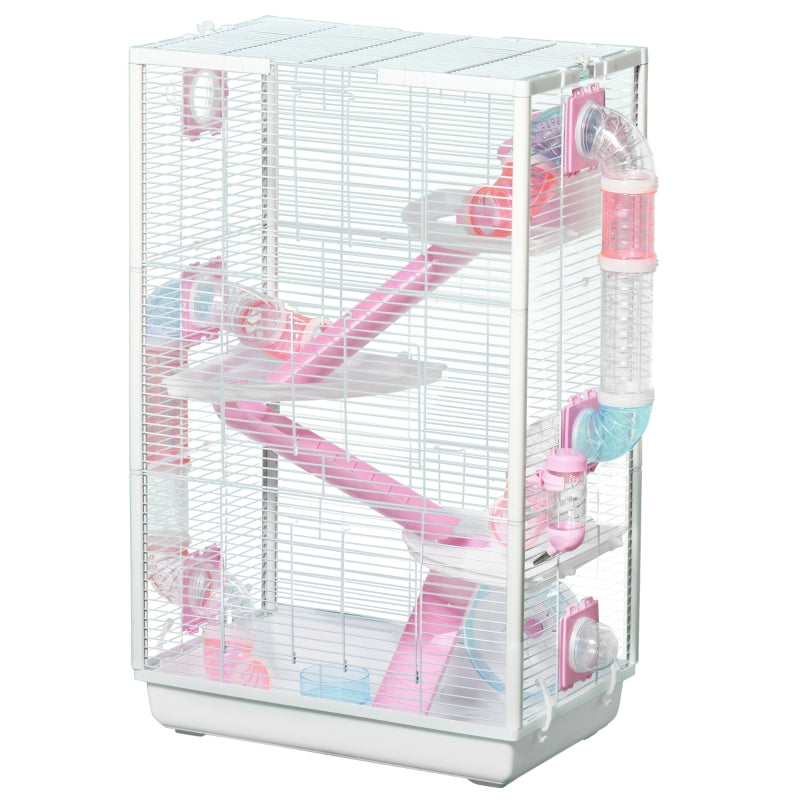 PawHut 4-Tier Hamster Cage, Gerbilarium Cage w/ Tubes, Exercise Wheel, Hut, Ramps, Platforms, 47 x 29.5 x 76cm