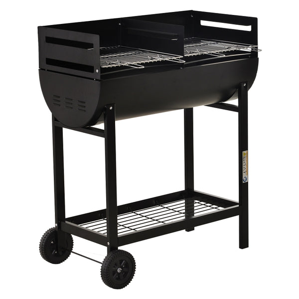 Outsunny Charcoal Barbecue Grill Garden BBQ Trolley w/ Dual Grill, Adjustable Grill Nets, Heat-resistant Steel, Wheels, Black