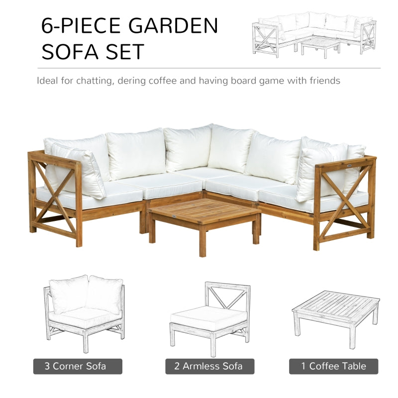 Outsunny 6pcs Patio Furniture Set Garden Sofa Set 1 Coffee Table Suitable with Cushions for Outdoor Indoor Balcony Poolside Acacia Wood Cream White