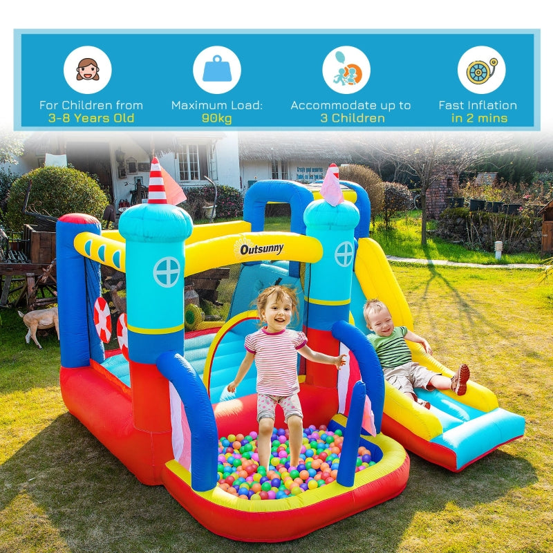 Outsunny 4 in 1 Kids Bounce Castle Large Sailboat Style Inflatable House Slide Trampoline Water Pool Climbing Wall for Kids Age 3-8, 2.65 x 2.6 x 2m