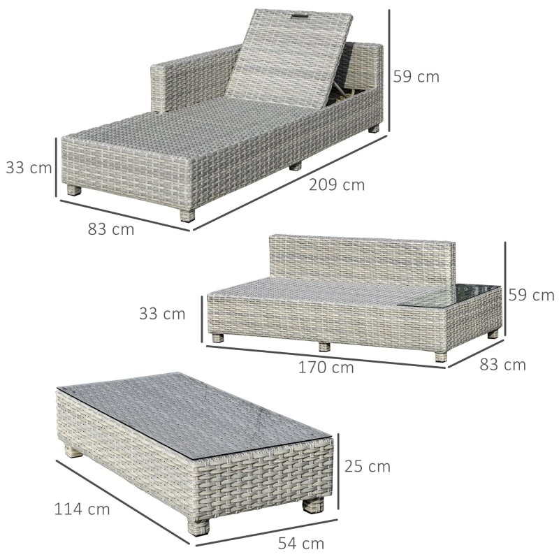 Outsunny 3 Pieces Outdoor PE Rattan Sofa Set, Patio Wicker Sectional Conversation Aluminium Frame Furniture Set, 4-Level Adjust Backrest Chaise Lounge