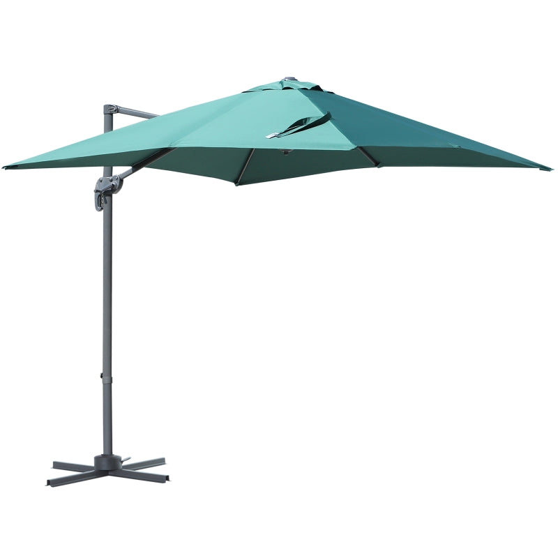 Outsunny 2.5 x 2.5m Square Patio Parasol Offset Cantilever Sun Umbrella 360° Rotation w/ Cross Base - Green