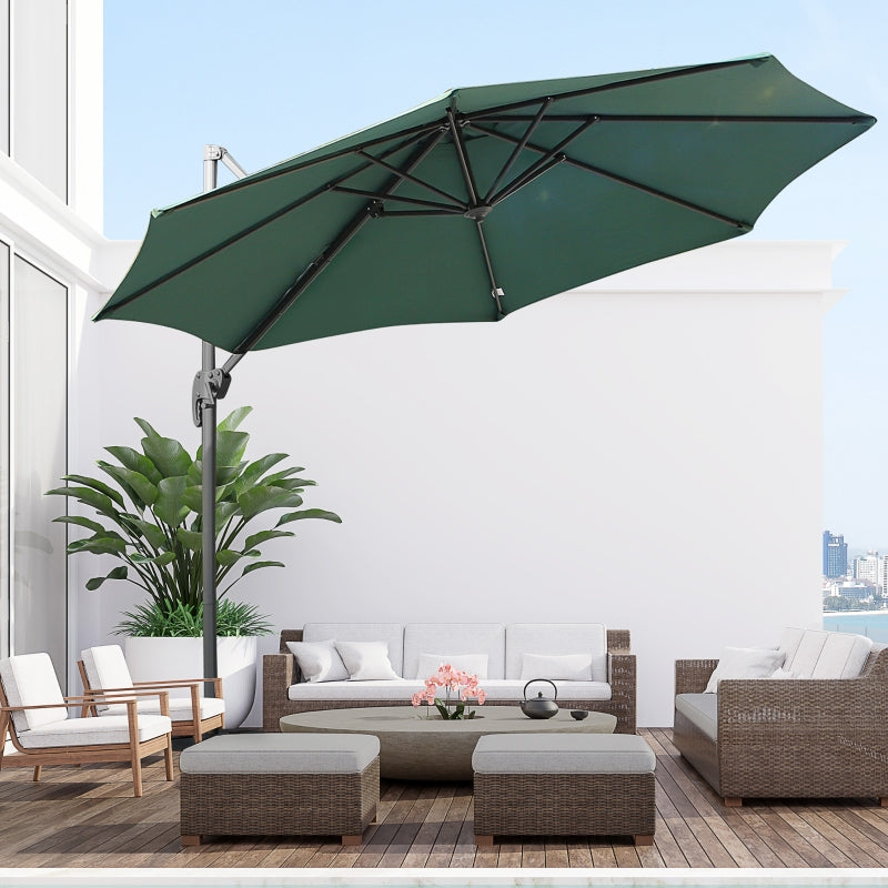 Outsunny 3m Patio Offset Roma Parasol Cantilever Hanging Sun Shade Canopy Shelter 360° Rotation with Cross Base - Green