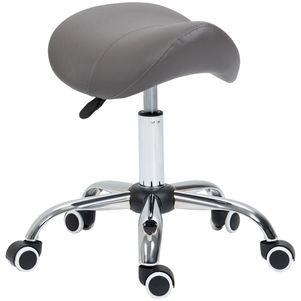 HOMCOM Cosmetic Stool 360° Rotate Height Adjustable Salon Massage Spa Chair Hydraulic Rolling Faux Leather Saddle Stool, Grey