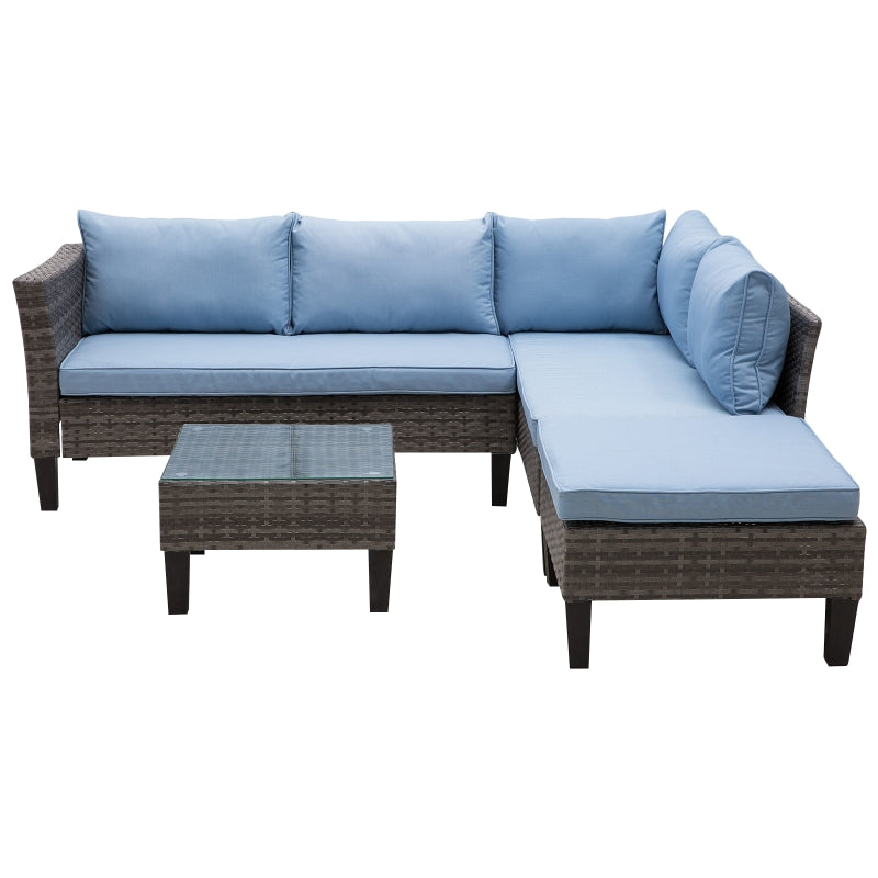 Outsunny 4-Seater Rattan Garden Furniture Corner Sofa Set w/ 2 Seats Footstool Square Glass Top Coffee Table Thick Blue Cushions Solid Legs - Grey