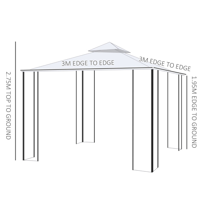 Outsunny 300x300cm Garden Gazebo Double Top Outdoor Canopy Patio Event Party Tent Backyard Sun Shade with Mesh Curtain Beige