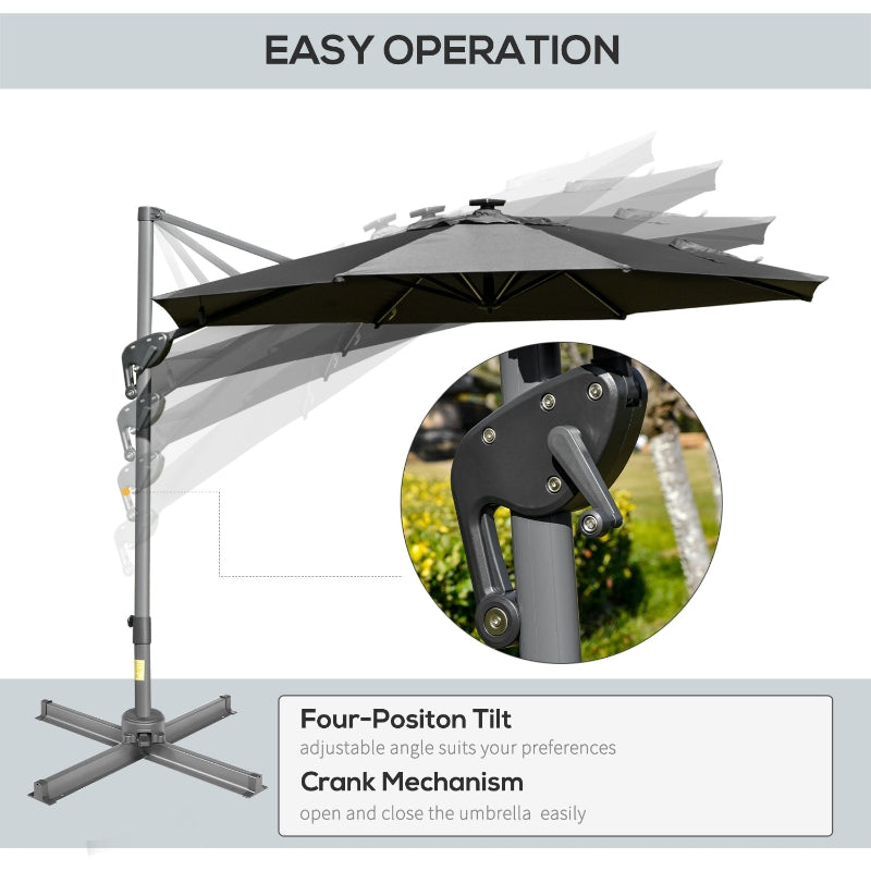 Outsunny 3m Cantilever Roma Parasol Adjustable Garden Sun Umbrella with LED Solar Light, Aluminum Frame, Tilt & Crank, UV50+, Dark Grey