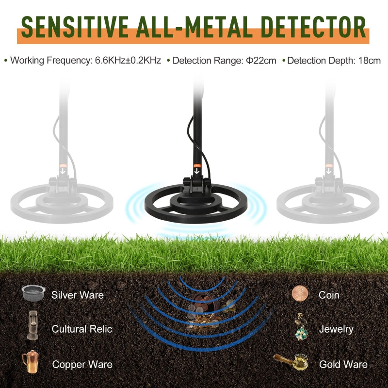 Outsunny Lightweight Metal Detector w/ All-Metal & Discrimination Modes, LED-Backlit Display, Waterproof Sensitive Search Coil, Adjustable Height