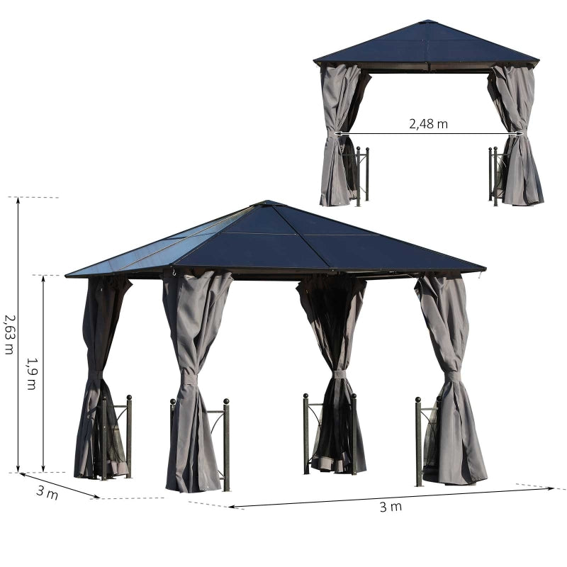 Outsunny 3 x 3(m) Hardtop Gazebo Canopy with Polycarbonate Roof, Steel & Aluminium Frame, Garden Pavilion with Mosquito Netting and Curtains, Black