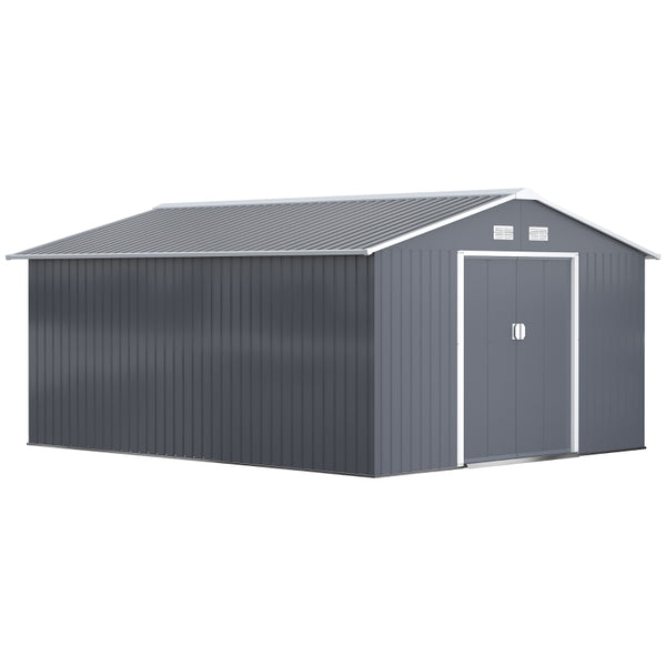 Outsunny 13 x 11ft Foundation Ventilation Steel Outdoor Garden Shed Grey