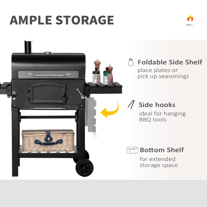 Outsunny Charcoal Barbecue Grill 3-in-1 Garden BBQ Trolley w/ Adjustable Charcoal Pan Height, Folding Shelves, Adjustable Opening and Thermometer