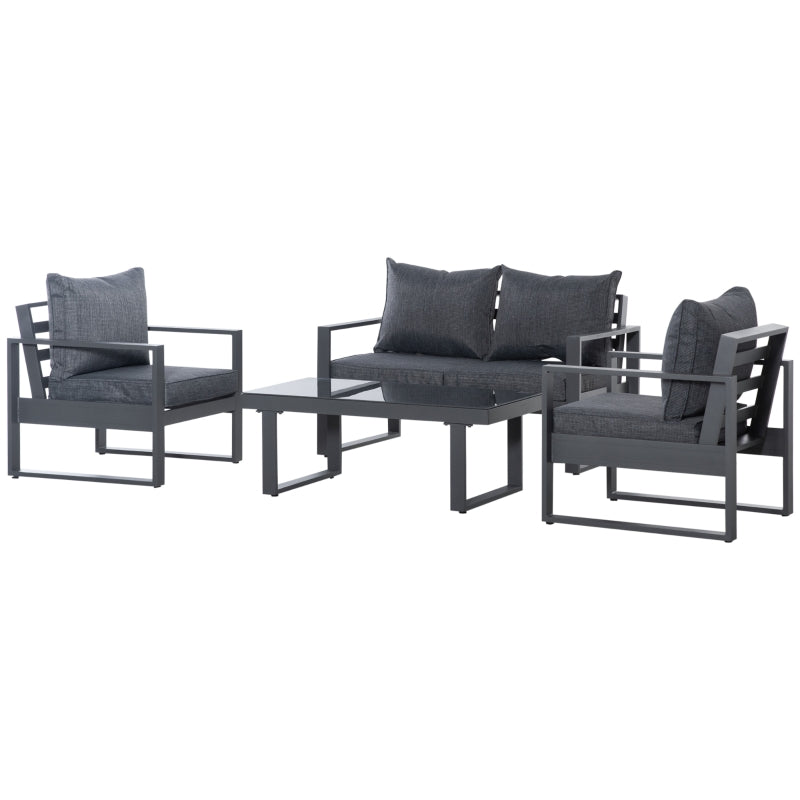 Outsunny 4 Piece Aluminium Garden Sofa Set with Coffee Table, Outdoor Furniture Set with Padded Cushions & Olefin Cover, Dark Grey