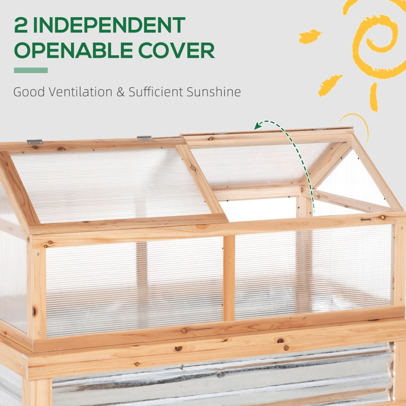 Outsunny Raised Garden Bed with Greenhouse Top, Garden Wooden Cold Frame Greenhouse Flower Planter Protection, 122x 61 x 81.7cm, Natural