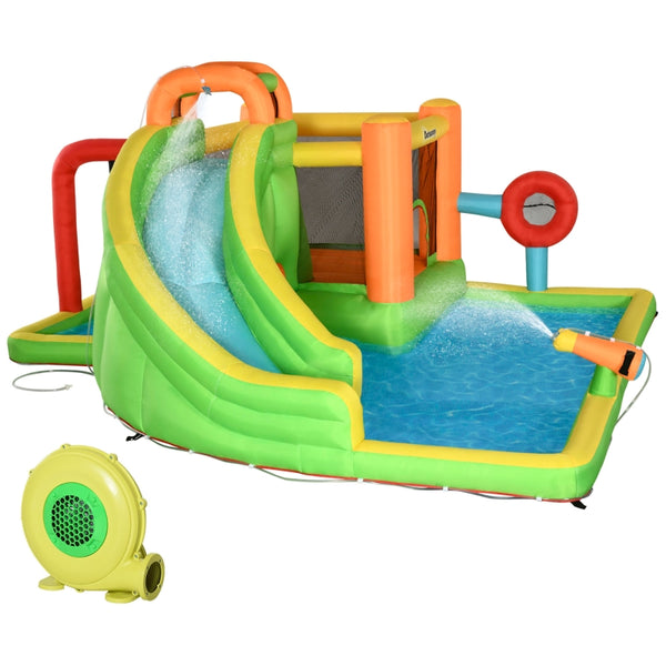 Outsunny 7 in 1 Kids Bouncy Castle Water Slide Bounce House Includes Slide, Trampoline, Pool, Water Gun, Ball-target, Boxing Post Tunnel w/Air Blower