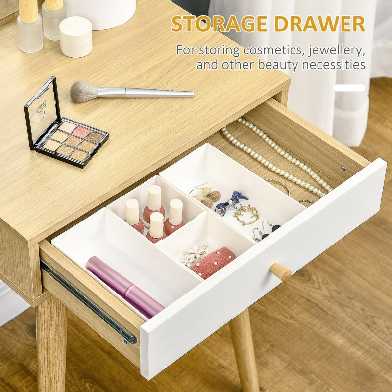 HOMCOM Modern Dressing Table with Large Mirror and Storage Drawer, Compact Vanity Table for Bedroom, Natural